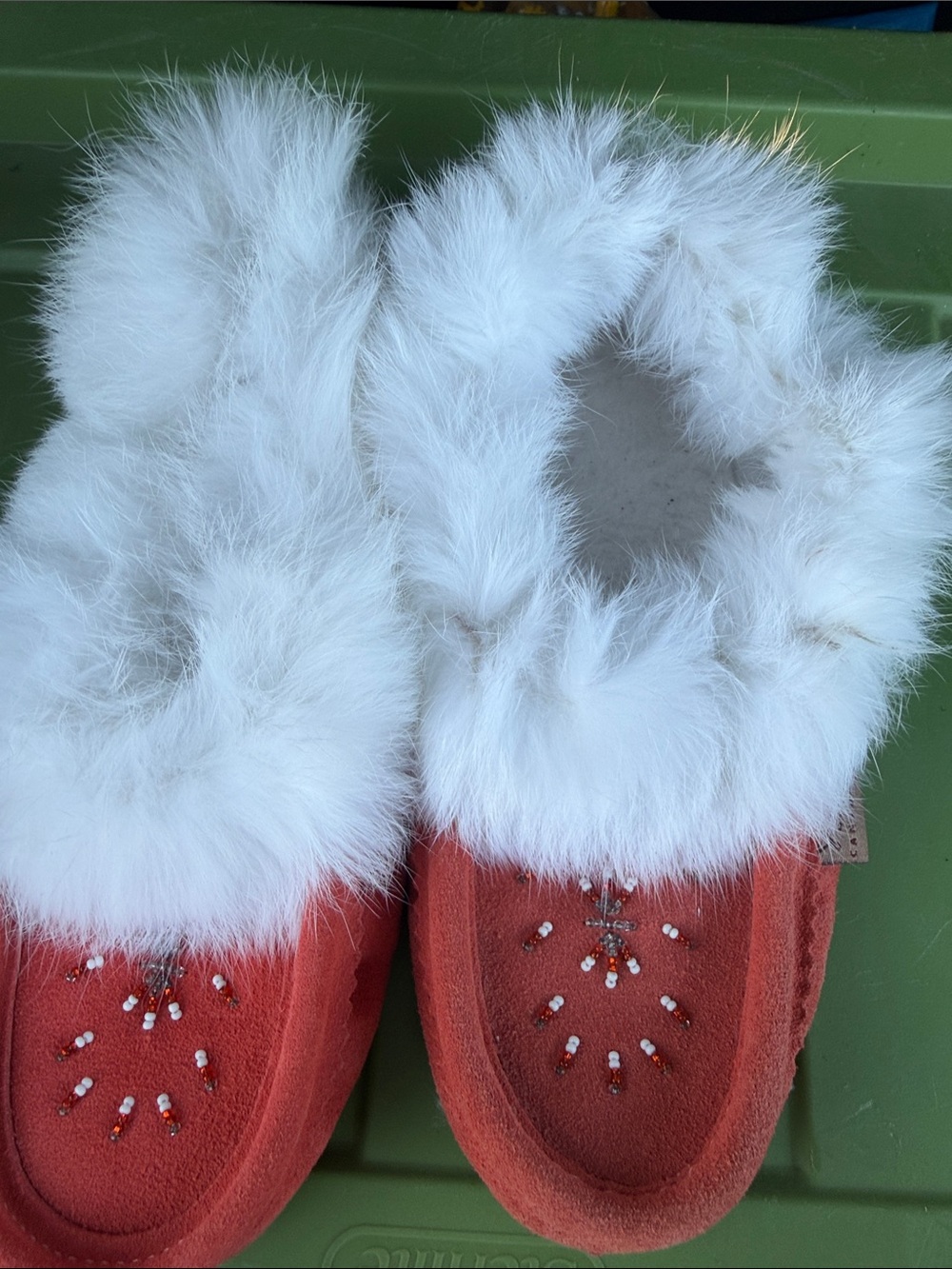 Cozy Red leather Faux fur made in Canada mocasines Slippers